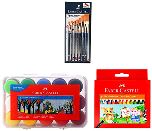 Image of Faber-Castell Poster Color Plastic Box - Pack of 15 & Jumbo Wax Crayons - 24 Shades & Paint Brush Set - Flat, Pack of 7 (Navy Blue)