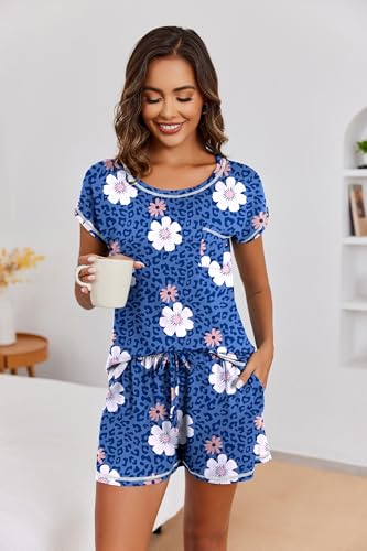 Image of Ekouaer Womens Pajama Sets 2 Piece Soft Short Sleeve Top and Shorts Sleepwear Round Neck Pjs Lounge Set with Pockets