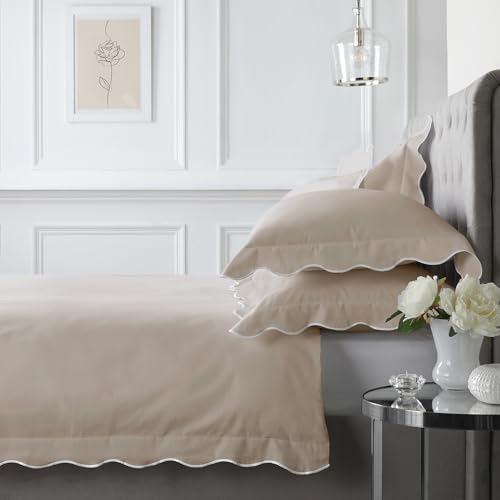 Appletree Scallop Natural Duvet Cover King Size (230x220cm), 100% Cotton, 200 Thread Count, 2 Pillowcases