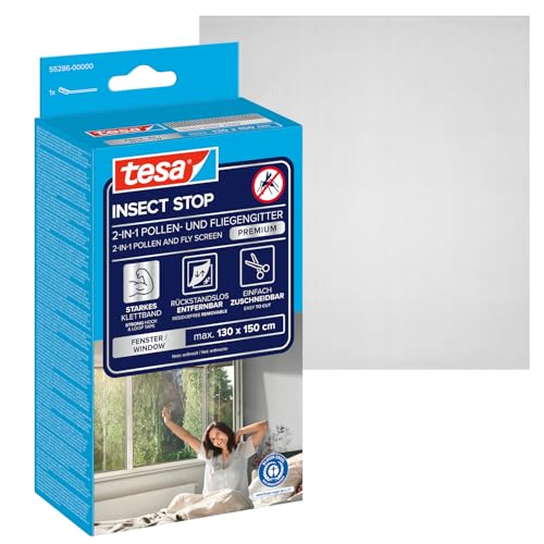 tesa INSECT STOP 2-in-1 Pollen- und Fliegengitter Premium - zuschneidbarer, transparenter Pollenschutz für Allergiker - inkl. selbstklebendem Klettband - Anthrazit - 130 cm x 150 cm