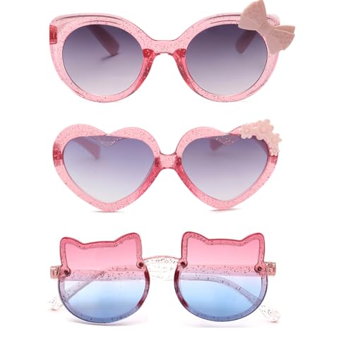 JINHUIBBA 3PCS Girls cute pink Sunglasses Kids Sunglasses hearts Cat UV protection for baby girls Christmas New Years