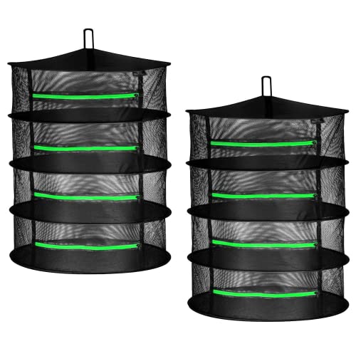 iPower Herb Drying Rack 2-Pack 4-Layer 2ft Foldable Hanging Mesh Net Dryer with Zippers, Heavy Duty Ring, Free Storage Bag and Hook, for Hydroponics Plants Herbs Petals