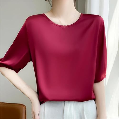 Women's Half Sleeve Loose Satin Blouses Summer Round Casual Neck T-Shirt2