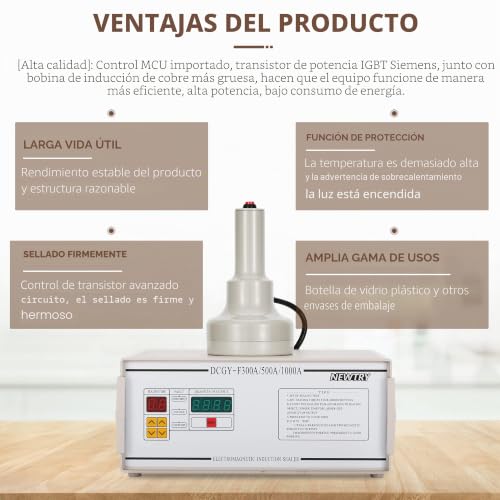Miniatura 5 de Newtry Máquina De Sellado Por Inducción Dcgy-500 De 20-100 Mm, Sellador Eléctrico De Papel De Aluminio Para Botellas De Plástico O Vidrio Con Tapa Plana Y No Metálica