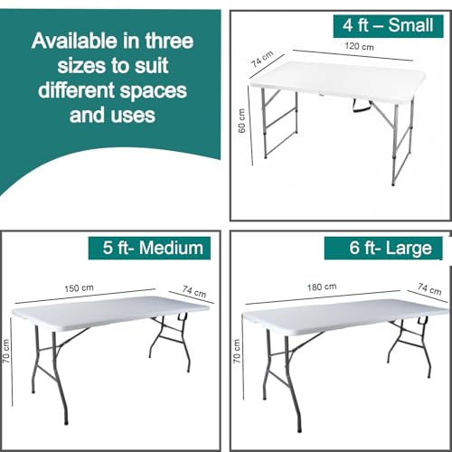 Image of 5Ft Folding Table, Portable Table for Home Office, Multipurpose Picnic Table with Carrying Handle,100kg Load Capacity Outdoor Camping & Study Desk (150x74x70cm,White)