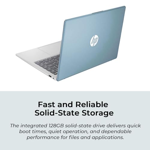 Image of HP 14 inch Moonlight Blue Laptop with Office 365, AMD CPU, 4GB DDR5 On-Board RAM, 1.1TB Storage (128GB SSD and 1TB OneDrive), HD Display, Windows 11, Energy-Efficient & Quiet Performance