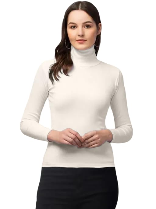 Image of Stylish Black Turtle Neck Cotton Solid Tshirt for Women