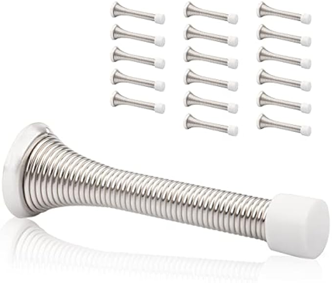 KOVOSCH 18 Pack Spring Door Stops Brushed Satin Nickel- 3-1/4" Flexible Spring Door Stopper with White Rubber Bumper Tips
