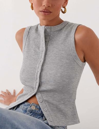 Image of Bozanly Womens Button Down Ribbed Tank Top Summer Sexy Sleeveless Slim Fit Y2k Crop Going Out Tops(0947-Gray1-S)