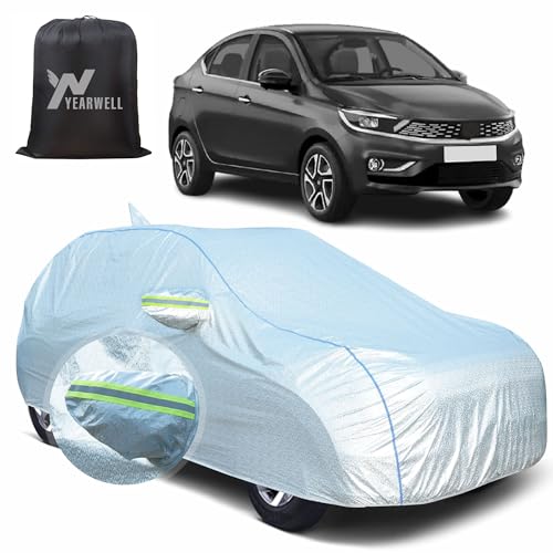 Image of Car Body Cover for Tata Tigor, 100% Waterproof, Heat-Resistant with Mirror & Antenna Pockets, Soft Cotton Lining, Triple Stitched, Piping & Reflector (Reflective Silver)