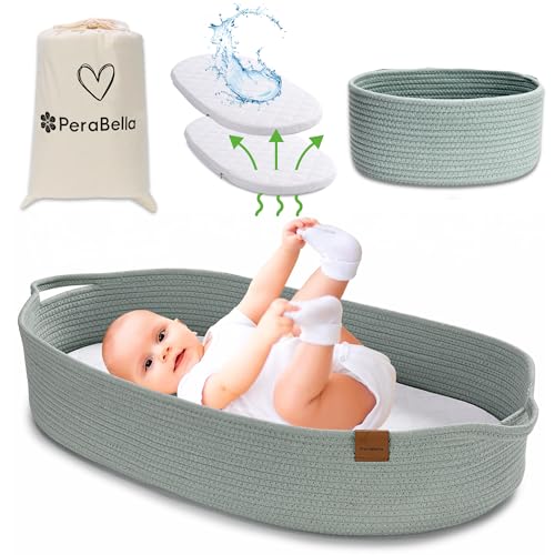 Image of Baby Changing Basket for Baby Dresser, Moses Basket for Babies, Cotton Rope Diaper Changing Basket, Unisex Baby Moses Basket, Foam Diaper Changing Pad for Dresser, Changing Table Topper for Dresser