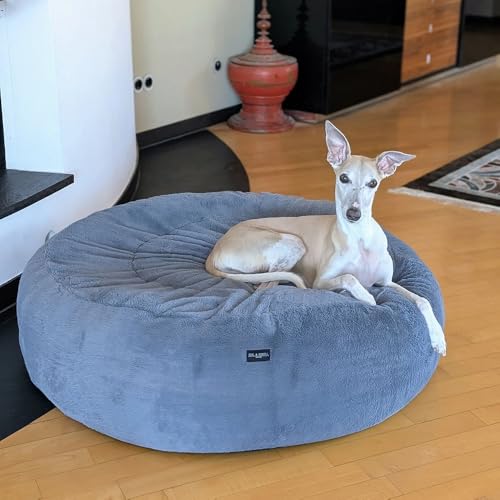 EDEL&SCHNELL orthopädisches Luxus Hundebett, rund aus hochwertigem Kunstfell, Hundekissen waschbar mit extra Höhe für Whippets, Windhunde, Ridgeback Viszla und Co. (100 cm)