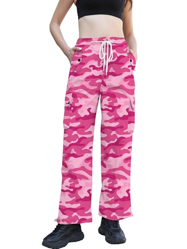 Image of Betusline Girls & Women's High Waist Wide Leg Cargo Pants Y2K Parachute Pants with Pockets and Drawstring 6 Years-Women 2XL