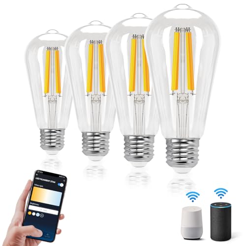 Aigostar Lampadine Smart WiFi E27 Alexa Lampadine Vintage ST64 6W Edison Lampadina WiFi Dimmerabile 2700K-6500K, Controllo Remoto tramite APP, Compatibile Con Alexa, Google Home, Trasparente 4 pezzi