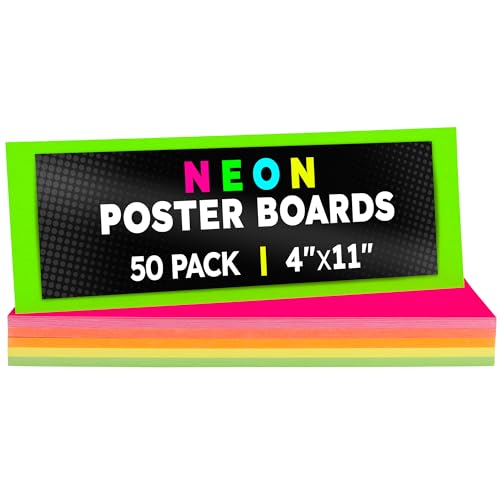 Image of Hygloss Small Poster Board 4x11 - 50 Assorted Neon Color Bulk Pack - 10 Pt. Thickness Colored Poster Board Paper for Projects, Flash Cards, Signs - Posterboard Multipack 4 inch x 11 inch