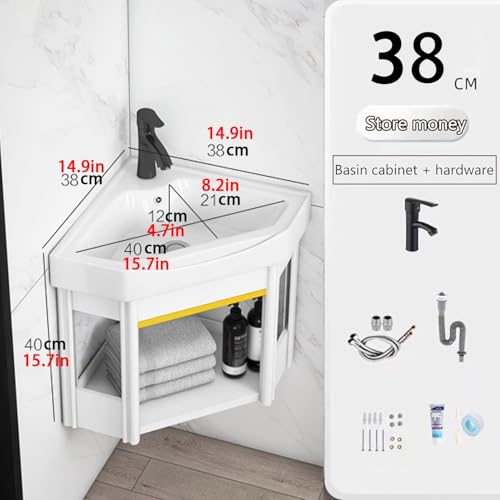 Triangular Corner Wall Hang Ceramic Wash Basin with Storage, 38cm, Bathroom Vanities