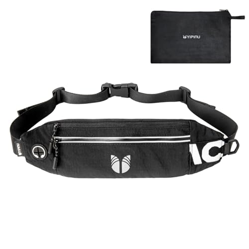 YIPINU Slim Running Belt Fanny Pack for Women Men, phone holder for running Pouch, Waist belt for Workout, Marathon Jogging Running Gear Accessories [Fits ALL Phones] ﻿ (BLACK)