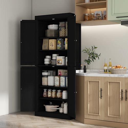 Image of HOMCOM 72.5 inch Tall Kitchen Pantry Cabinet, Freestanding Modern Farmhouse Kitchen Storage Cabinet with 4 Doors and 2 Adjustable Shelves for Dining Room, Black Wood Grain