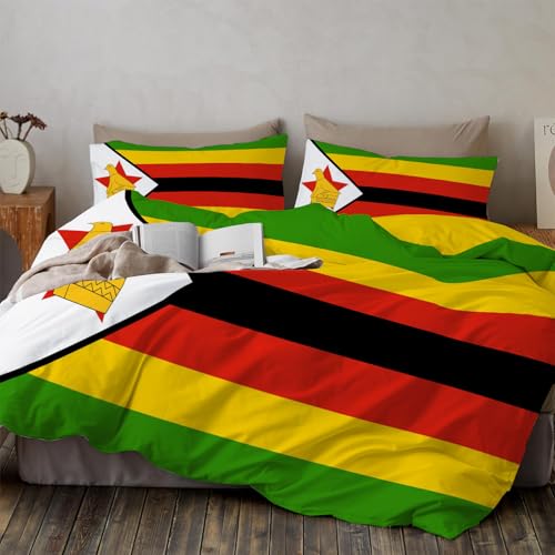Image of Zimbabwe Flag Bedding Set Soft Microfiber Red And Black Duvet Cover With A Sense Of National Flag Theme For Kids,Adults,With Hidden Zipper Quilt Cover Pillowcase 3 Pcs Set Double (200 x 200 cm)