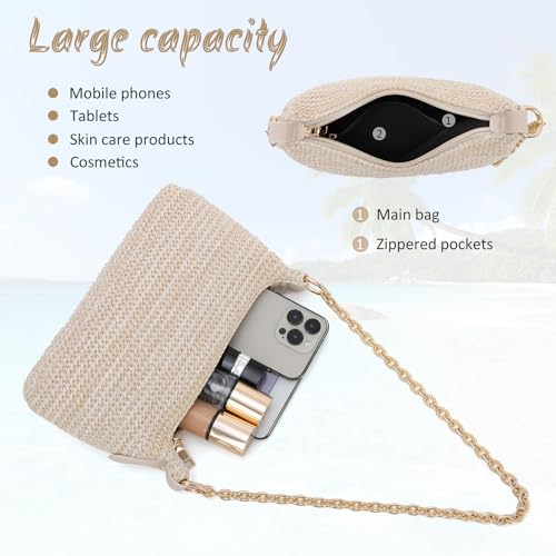 Image of Fecialy Women Straw Shoulder Bag Woven Tote Handbag Summer Beach Bag VacationTravel Purse