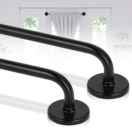 2 Pack Magnetic Curtain Rod for Metal Doors, French Door Curtain Rods Adjustable from 17 to 30 Inch, 3/8 Inch Diameter, Magnetic Cafe Curtains Rod, No Tool and Easy Installation, Black