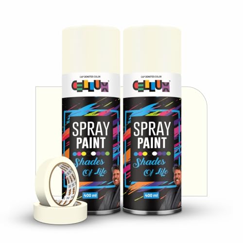Image of Cellux 2X Ultra Cover Ivory Spray Paint | DIY, Quick Drying with Premium Gloss Finish for Metal, Wood, Wall & Other Surfaces - 400 ML - Pack of 2 with 2 Masking Tape Rolls