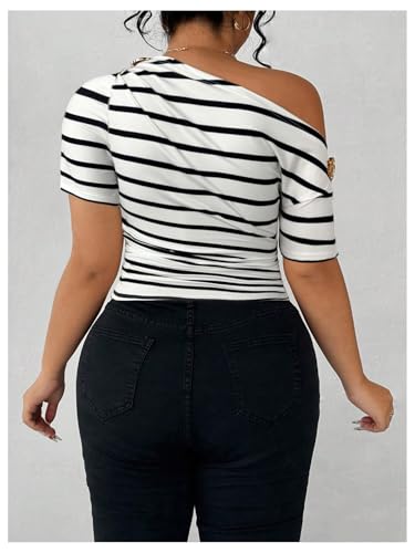SOLY HUX Women's Plus Size Striped T Shirt Off The Shoulder Short Sleeve Ruched Tee Summer Tops2