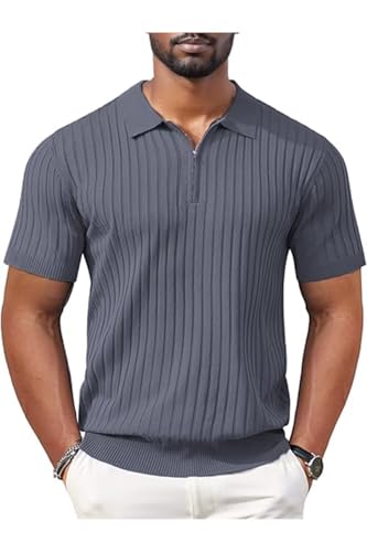 Men's Polo Shirts Short Sleeve T Shirts Ribbed Knit Zipper Polo Shirts Fashion Casual Golf Tee