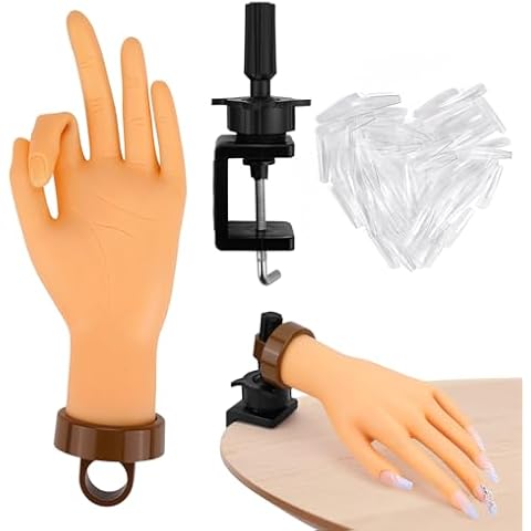LIONVISON Practice Hand for Acrylic Nails, Flexible Mannequin Hand Model for Nails, Rubber Fake Training Manicure Hands with 240Pcs Ballerina Nail Tips Cover