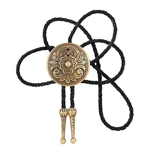 Xinqida Vintage Bolo Tie Round Alloy Flower With Handmade Leather Rope Western Cowboy Bolo Tie For Men Necktie,Bronze, Large #TOP2