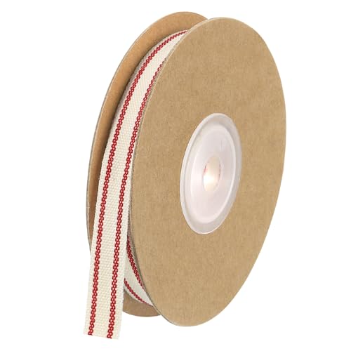 uxcell Cinta de rayas de algodón natural, rollo de cinta de tela de algodón de 3/8 pulgadas x 10 yardas, natural con cinta de grogrén rojo para envolver regalos, manualidades, hacer lazos, decoración