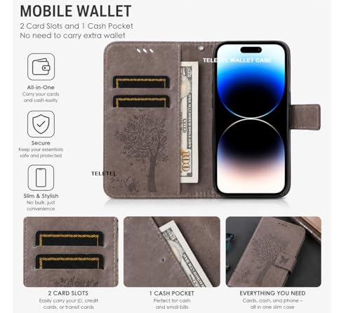 Image of TELETEL for Samsung Galaxy S25 Ultra Premium Vegan Leather Flip Cover | Card Cash Holder Wallet Case | Magnetic Closure (Grey Embossed Tree)
