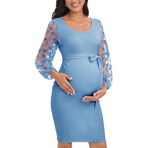 ZIUMUDY Floral Mesh Bishop Short Sleeve Maternity Bodycon Dress Maternity Photoshoot Baby Shower Dress (Medium, Long Sleeve-Light Blue) Cover