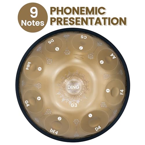 GLADFRESIT Handpan, 18 inches, 9 notes, 440Hz, G minor, comes with handpan stand, handpan bag, two beaters, and dust cloth.?9-440hz? (Golden Mandala)