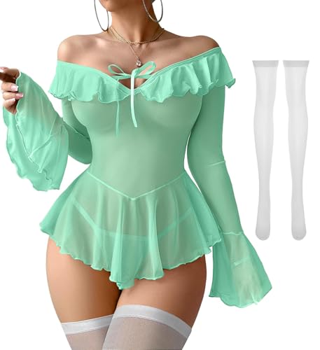 Image of Foxiny Sheer Ruffle Long Sleeve Babydoll Lingerie Dress | Off-shoulder neckline, flared cuffs and a flounce hem add movement; thong and thigh-high stockings complete the 3-piece set