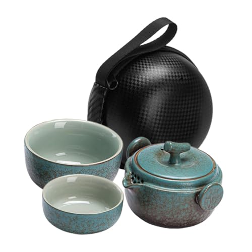 TOYANDONA Portable Ceramic Travel Teapot and Tea Cup Set for One - Japanese Kung Fu Style with Green Turquoise Finish and Carrying Bag