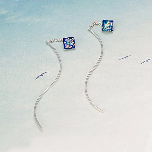 BriLove 925 Sterling Silver Threader Earrings Bohemian    Boho Curved Pin Glitter Crystal Women Earrings Sapphire Color AB Cube Shape