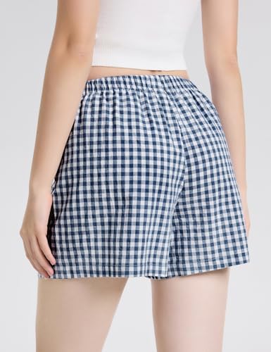 Image of LOMON Boxer Shorts for Women Summer Gingham Pajamas 2026 Lounge Sleep Pj Plaid Shorts Y2K Beach Bottoms with Pockets