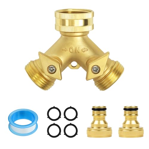 2 Way Brass Tap Connector, Garden Hose Splitter 2 Way Y Valve Brass Hose Connector Garden Tap with 2Pcs 3/4 Hose Pipe Splitter