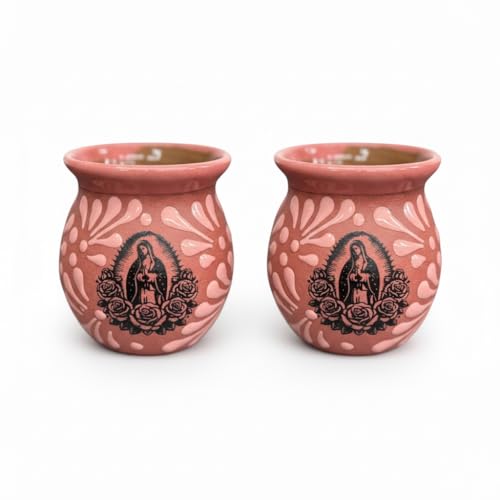 Mis Jarritos Handmade Mexican Clay Mugs – Jarrito De Barro, Pink Pottery Cups with Glazed Religious Design Authentic Artisan Drinkware for Coffee, Tea, Hot Chocolate (Religioso) (Food Safe) (Set of 2)