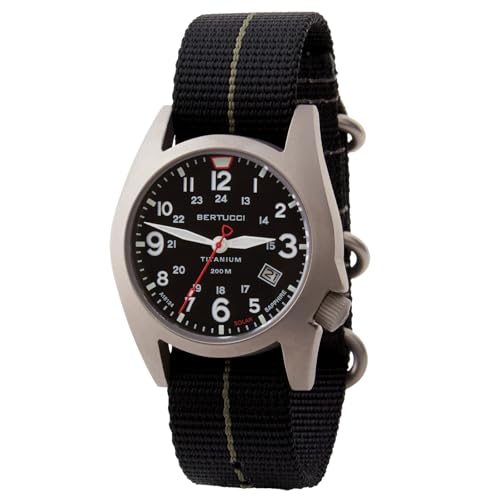 BERTUCCI® 41 mm Titanium Field Watch - A-7TS Solar - Black Dial, Olive Pro-Stripe™ Nylon Band - 12900, Black, Titanium Field Watch