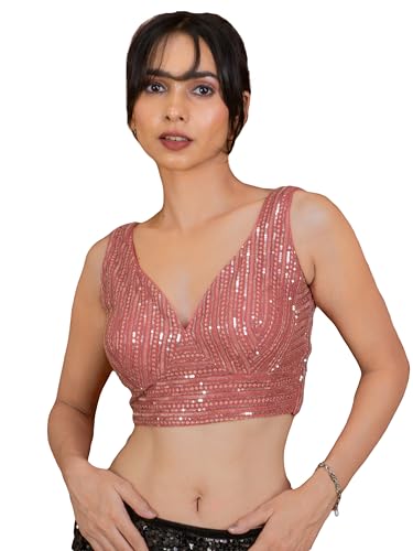 Image of FIGURE'S DESIGNER Women's Sequin Embroidered SabyaSachi Cut Sweetheart V Neck Sleeveless Readymade Saree Blouse E30