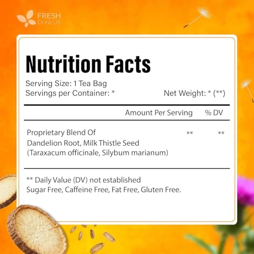 Image of FreshDrinkUS, Premium Dandelion Milk Thistle Herbal Tea | 75 Tea Bags | Herbal Blend with Dandelion Root & Milk Thistle Seed - Clean Plant-Based Daily Tea, Naturally Caffeine Free. Sugar Free. Vegan