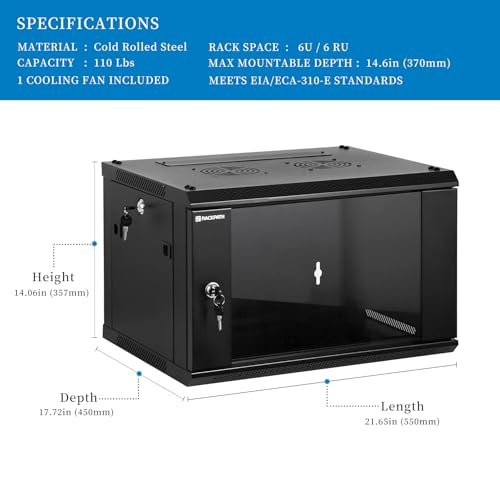 Image of RackPath 6U Wall Mount Network Rack Cabinet - Quiet Cooling Fan, Locking Glass Door, 17.7 inch Deep (450mm), Removable Locking Side Panels, Fits 19 inch IT & A /V Equipment
