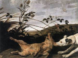 Peinture à l'huile : toile de maître Frans Snyders, lévrier et sanglier