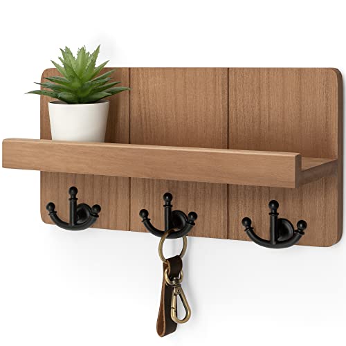 Rebee Vision Farmhouse Key Holder For Wall With Shelf: Decorative Mail Organizer And Key Rack Wall Mount With 3 Anchor Hooks - Rustic Entryway Decor (Retro Brown) #TOP12