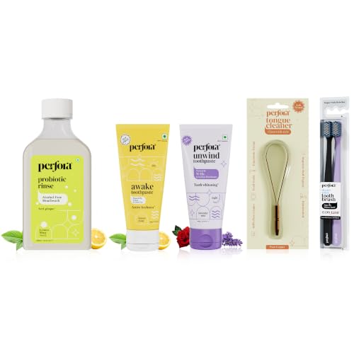 Image of Perfora Morning & Night Routine Care Pack: Awake & Unwind Toothpaste For Active Freshness, Alcohol Free Lemon Mint Mouthwash, 100% Pure Copper Tongue Cleaner & Pack of 2 Toothbrushes (Laveder & OG Black)