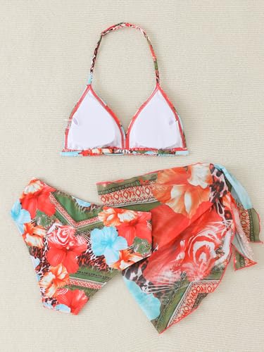 Image of SEGT Girl's 3 Piece Striped Bikini Swimwear Cute Swimsuits Bathing Suit High Waisted with Cover Up Beach Skirt
