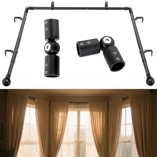 Bay Window Curtain Poles U-Shaped Curved Pole Set with 2 Elbows for Windows 76 to 460 cm 25mm Thick Heavy-Duty Black Corner Curtain Rods 3 Sided for Bedroom Living Room
