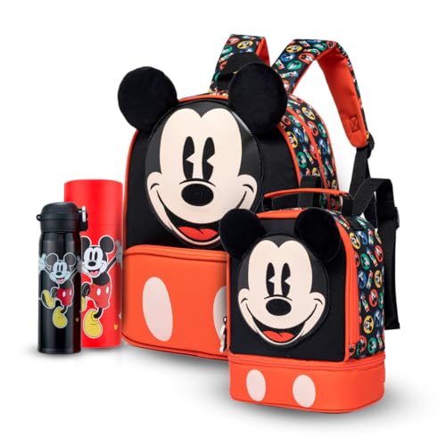 Kit Mochila Disney Lancheira Garrafa Mickey Mouse 480ml Infantil